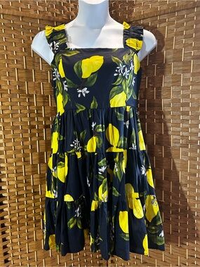 AQUA Lemon Print Navy Tiered Midi Dress Size Large Cotton Lined Bloomingdale’s